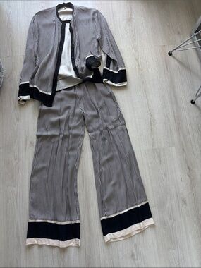 H&M Black and Cream Striped Jumpsuit Set